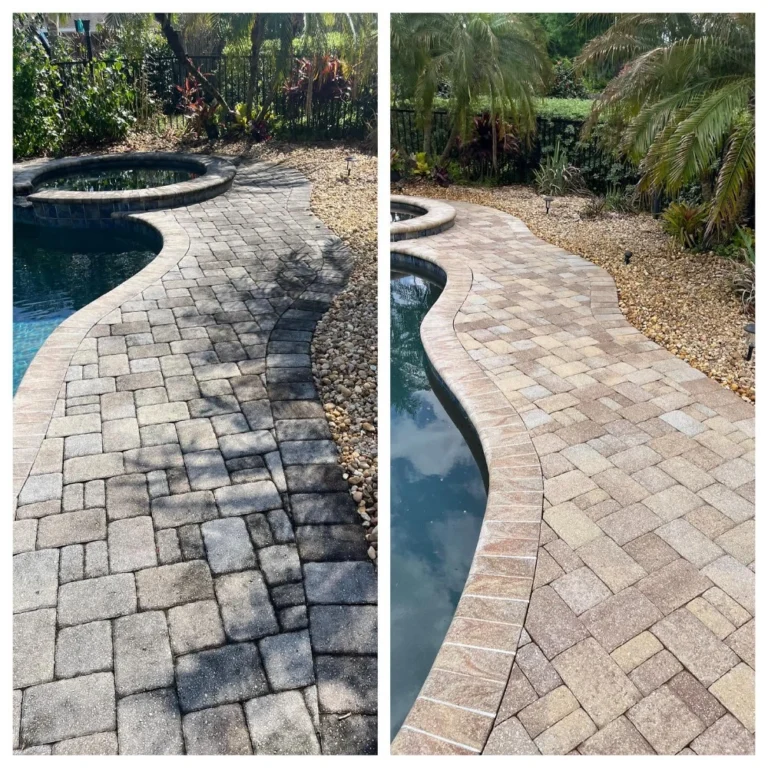 Pool deck paver cleaning before and after in Jacksonville, FL
